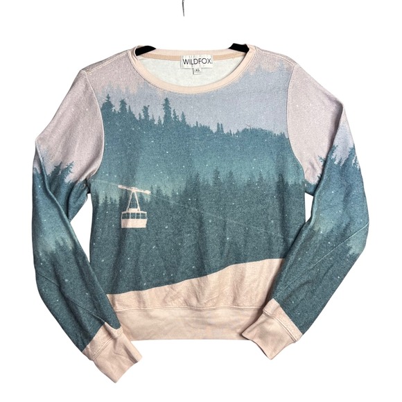 Wildfox Tops - Wildfox Ski‎ Lift Allover Graphic Sweatshirt Womens XS Pullover Pink Blue NEW
